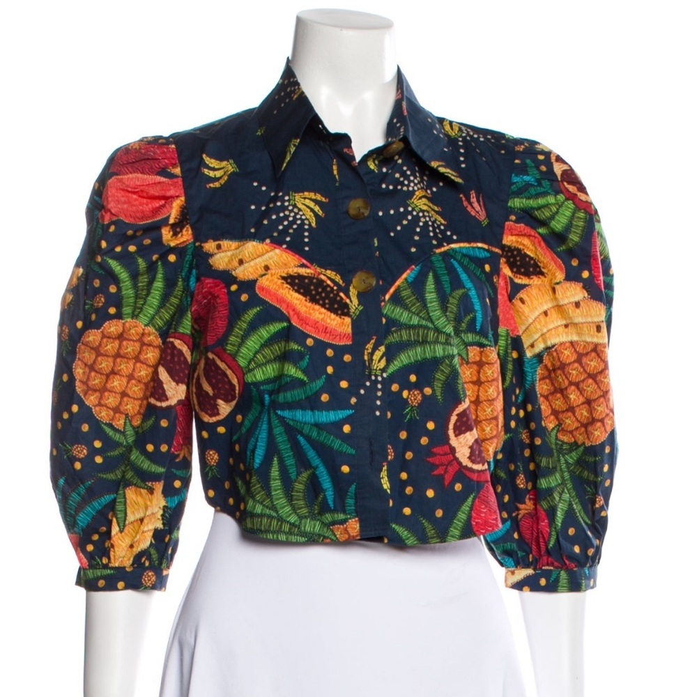 Farm Rio Tropical Fruit Print Puff sleeve shirt